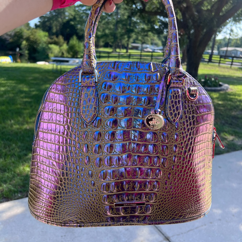 Brahmin Georgina Satchel Illuminate Metallic Lime Green Violet Melbourne Leather